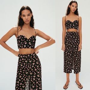 Zara Floral Printed Linen Blend Front Slit Midi Skirt